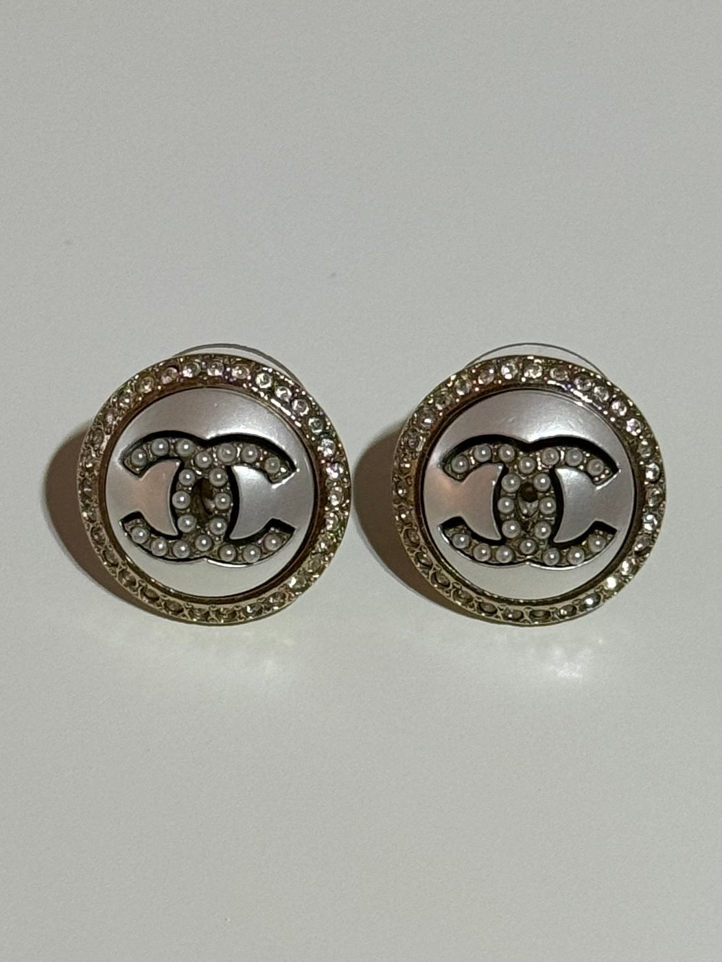Chanel Crystal & Faux Pearl CC Round Stud Earrings