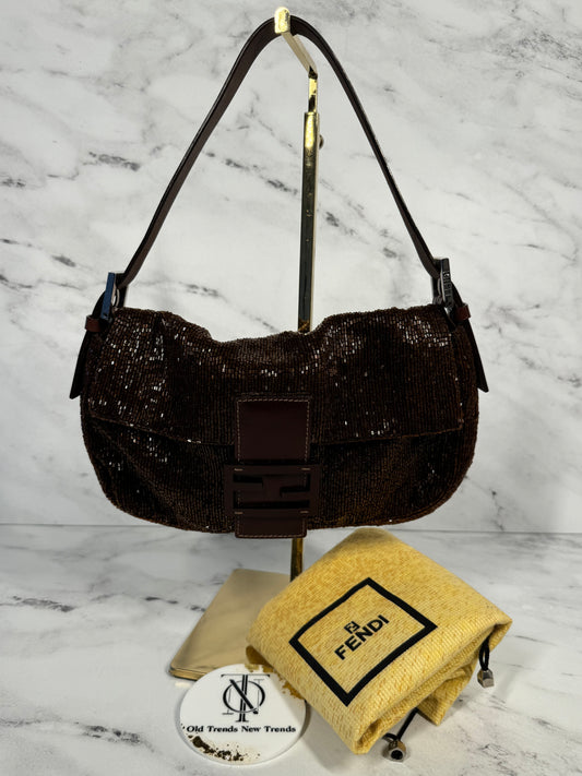Fendi Vintage Brown Beaded Baguette Bag