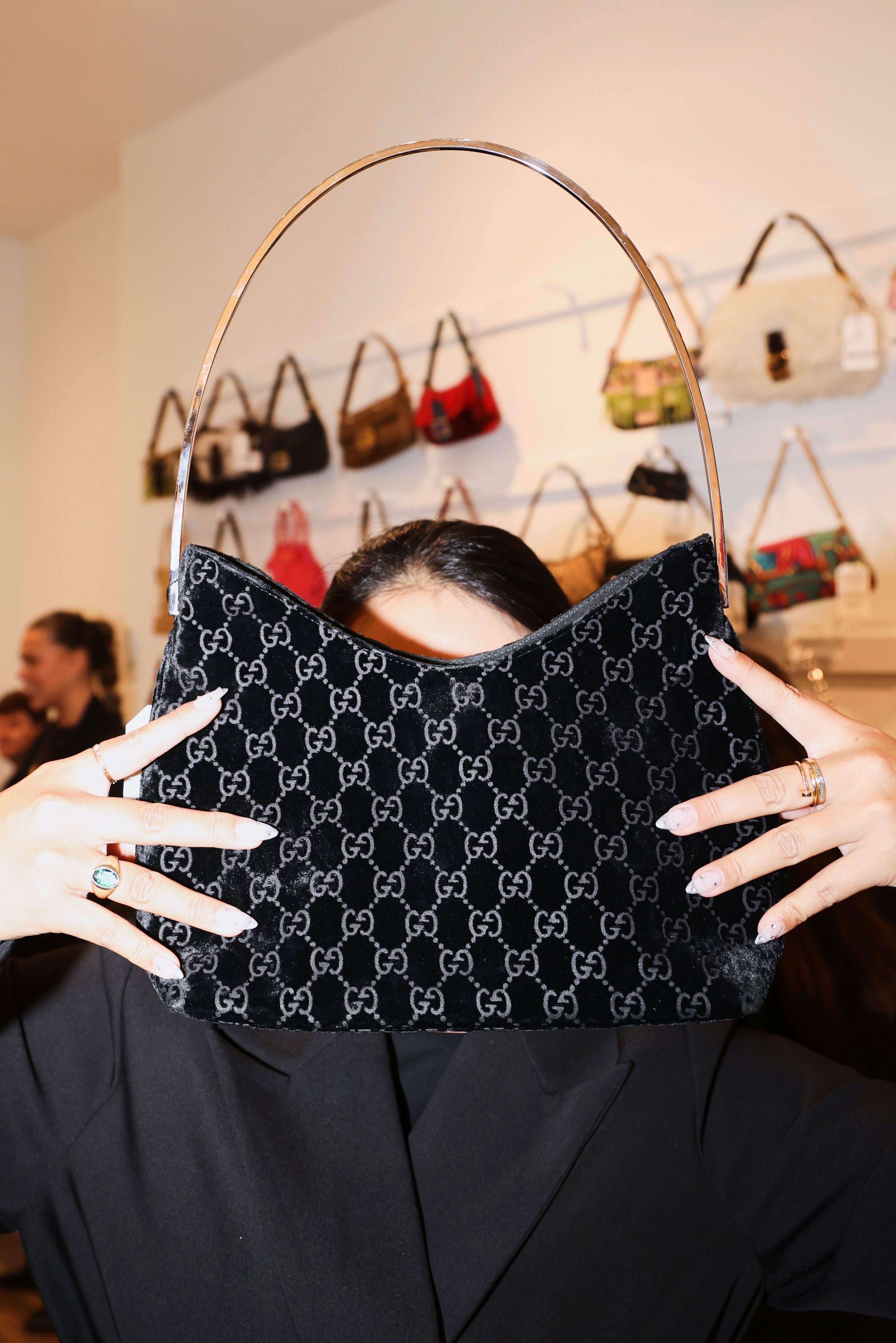 Gucci by Tom Ford Vintage Black Velour GG Monogram Metal Handle