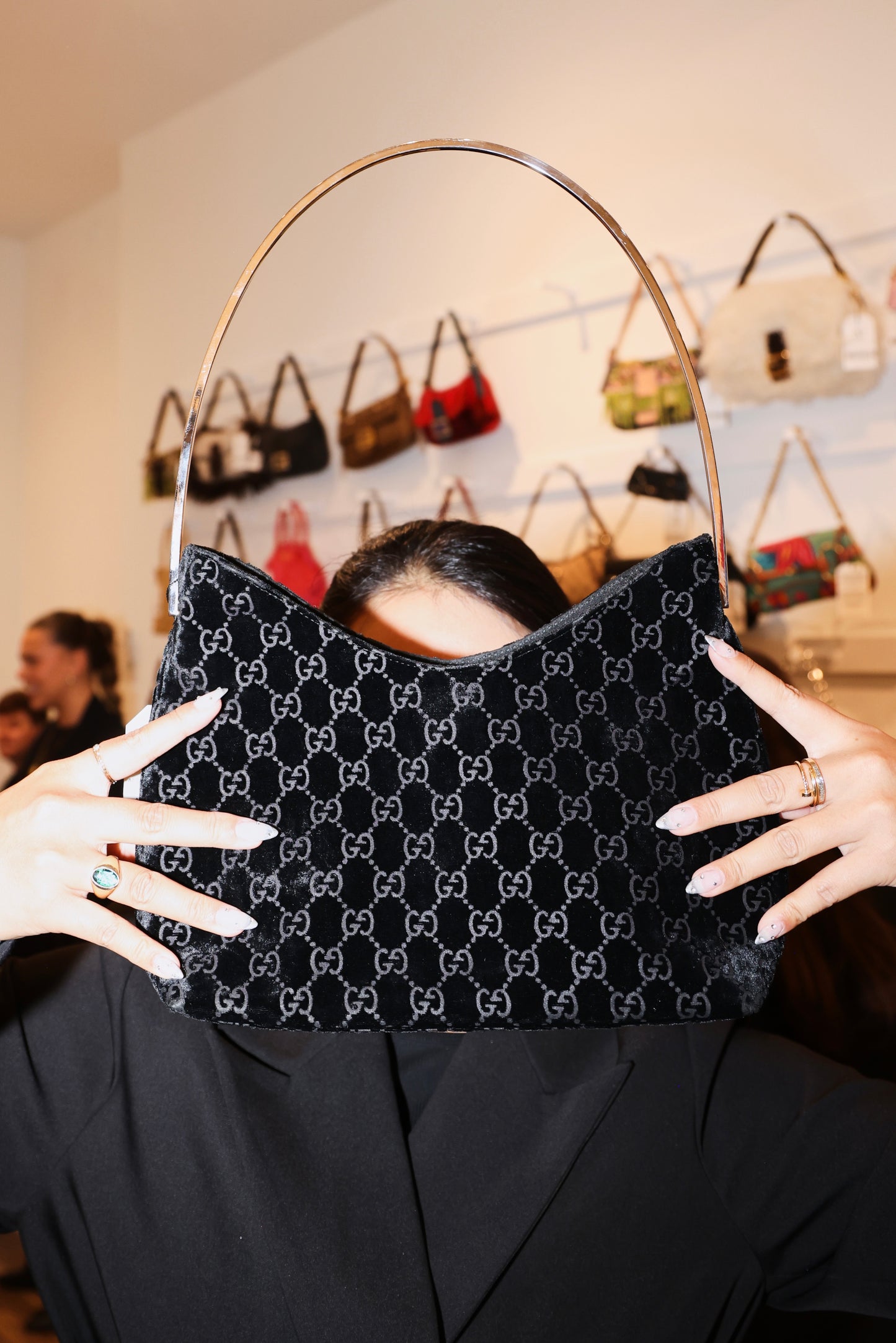 Gucci by Tom Ford Vintage Black Velour GG Monogram Metal Handle Bag