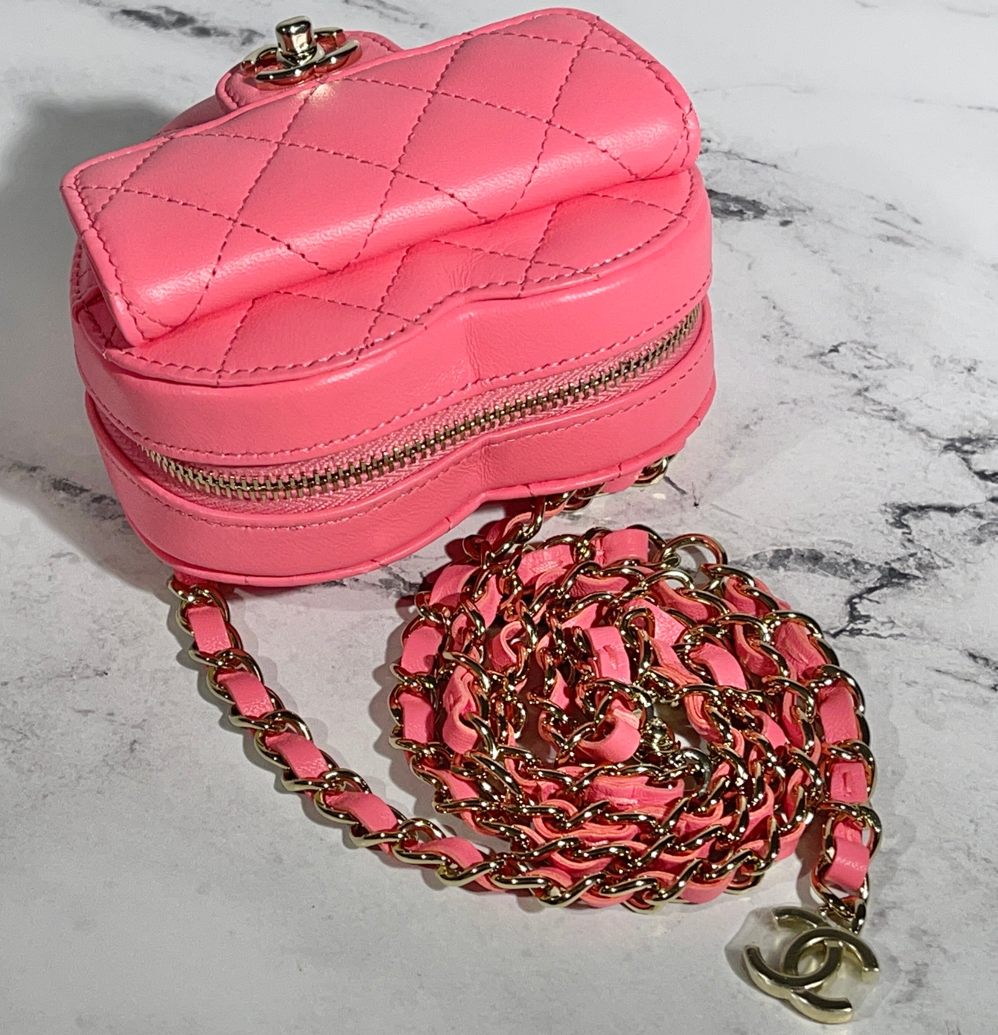 CHANEL 22S Pink Heart Belt Bag Crossbody Necklace Card Holder Coin