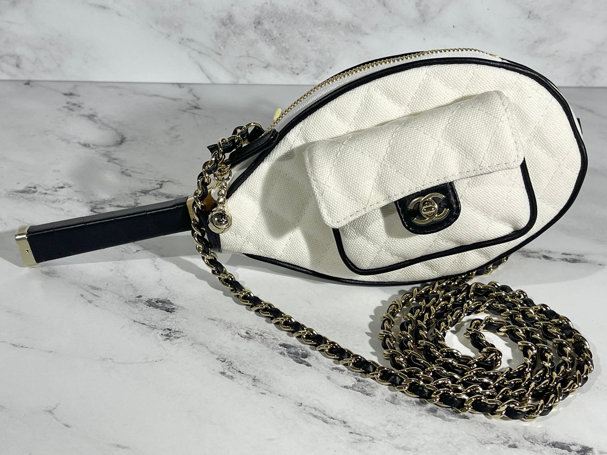 Chanel Tennis-racket Clutch With Chain In White Canvas And Black Calf With  Gold Hardware