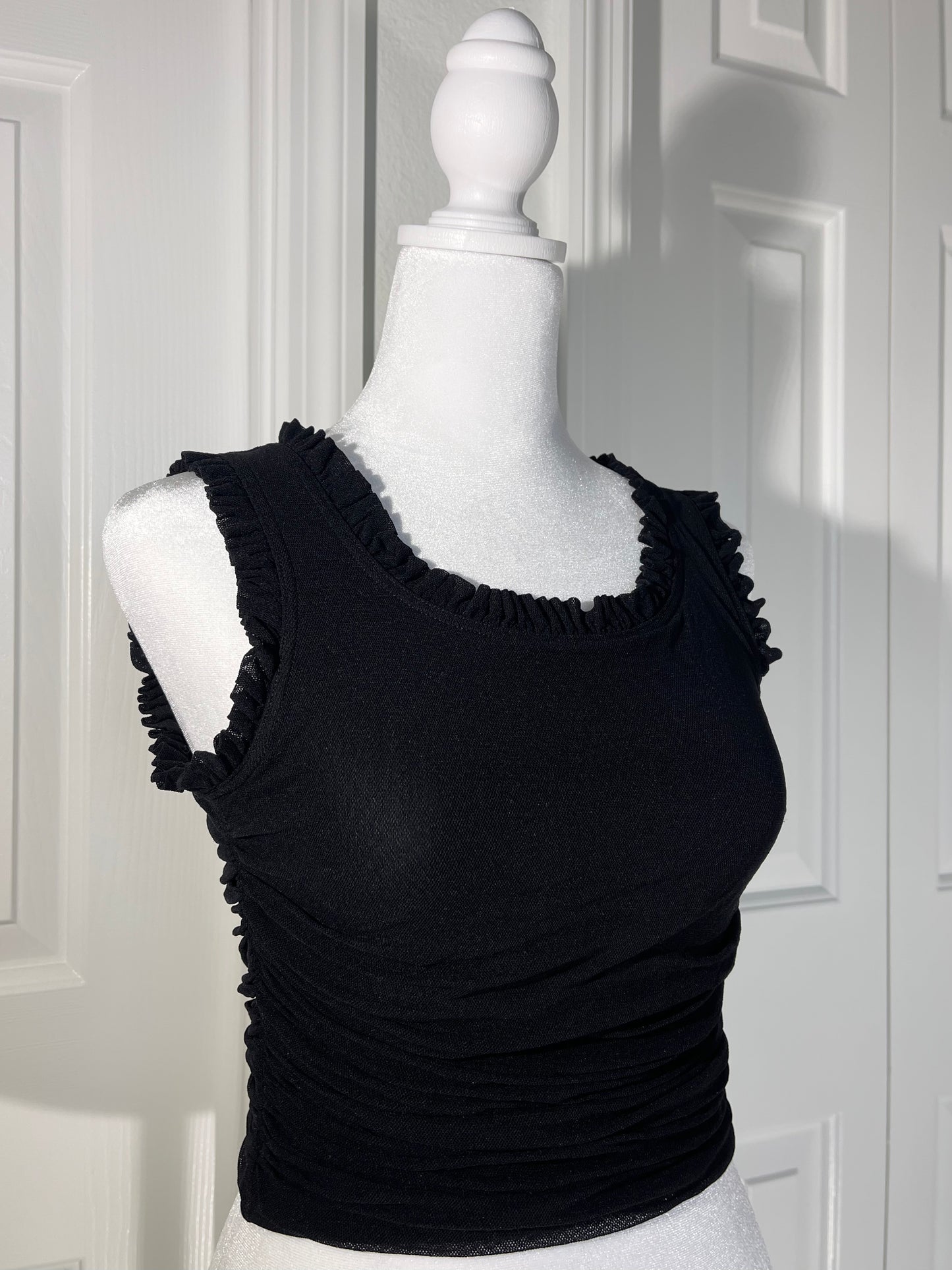 Chanel Vintage 01P Black Ruched Ruffle Cropped Tank Top with Rainbow Sun Detail - Size 42