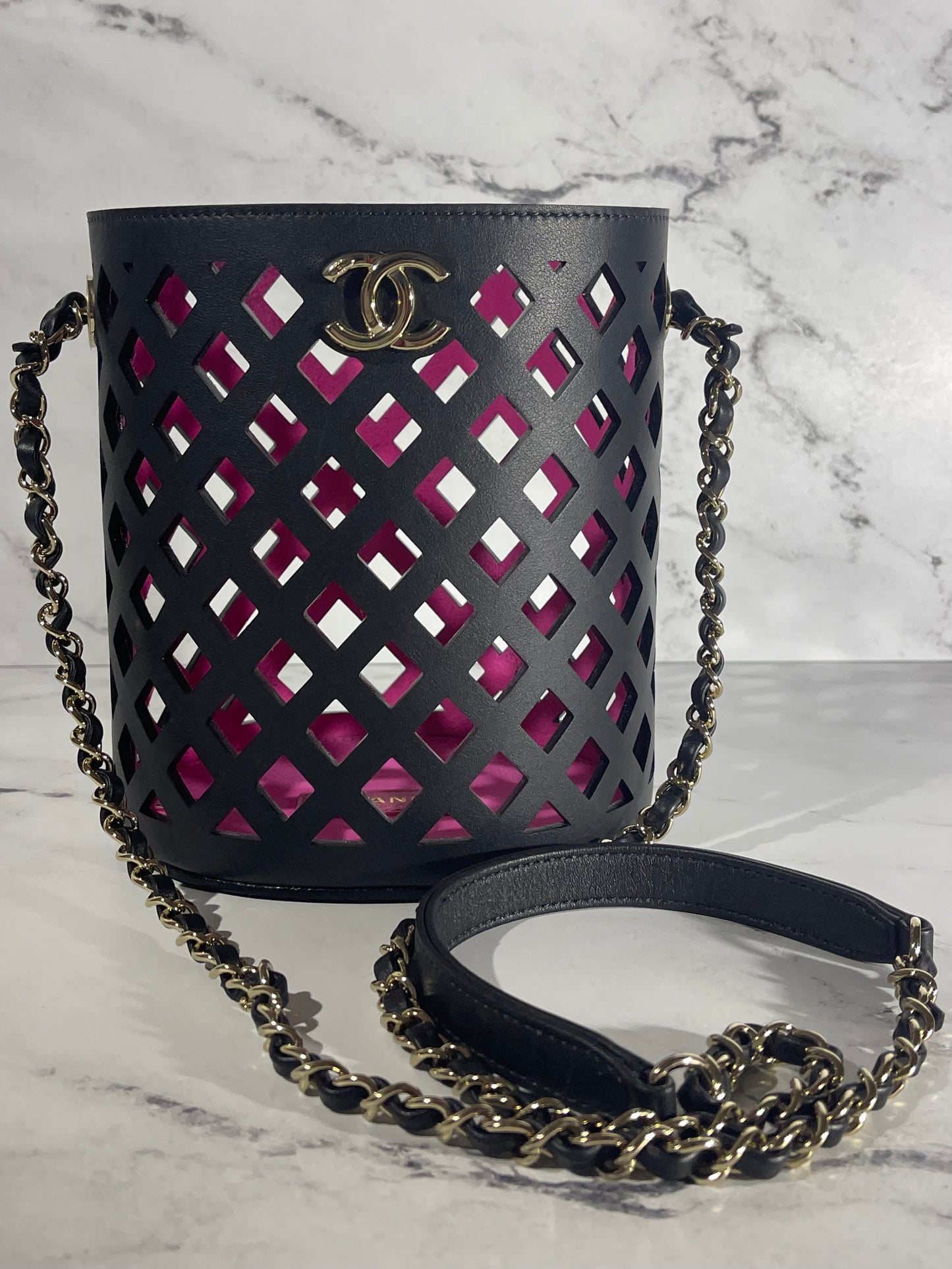 Chanel Black See Through Perforated Leather Bucket Bag w Quilted Drawstring Pouch & LGHW