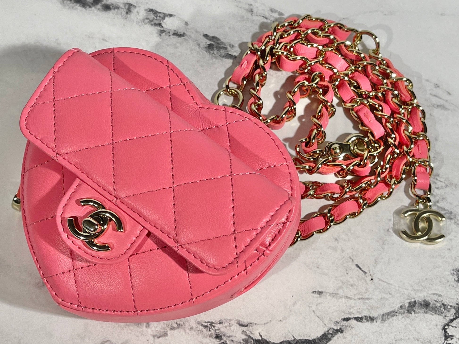 CHANEL 22S Pink Heart Belt Bag Crossbody Necklace Card Holder