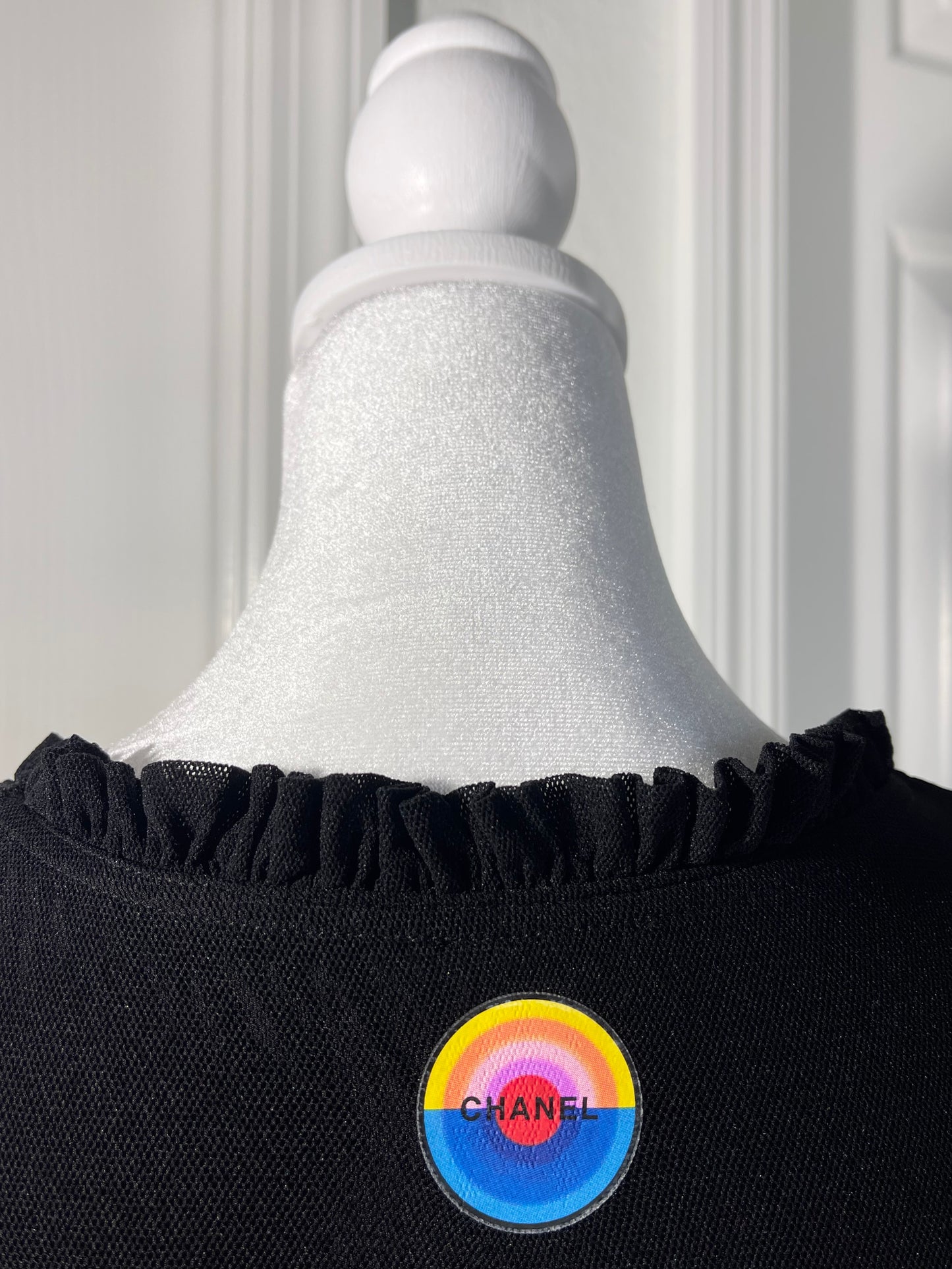 Chanel Vintage 01P Black Ruched Ruffle Cropped Tank Top with Rainbow Sun Detail - Size 42