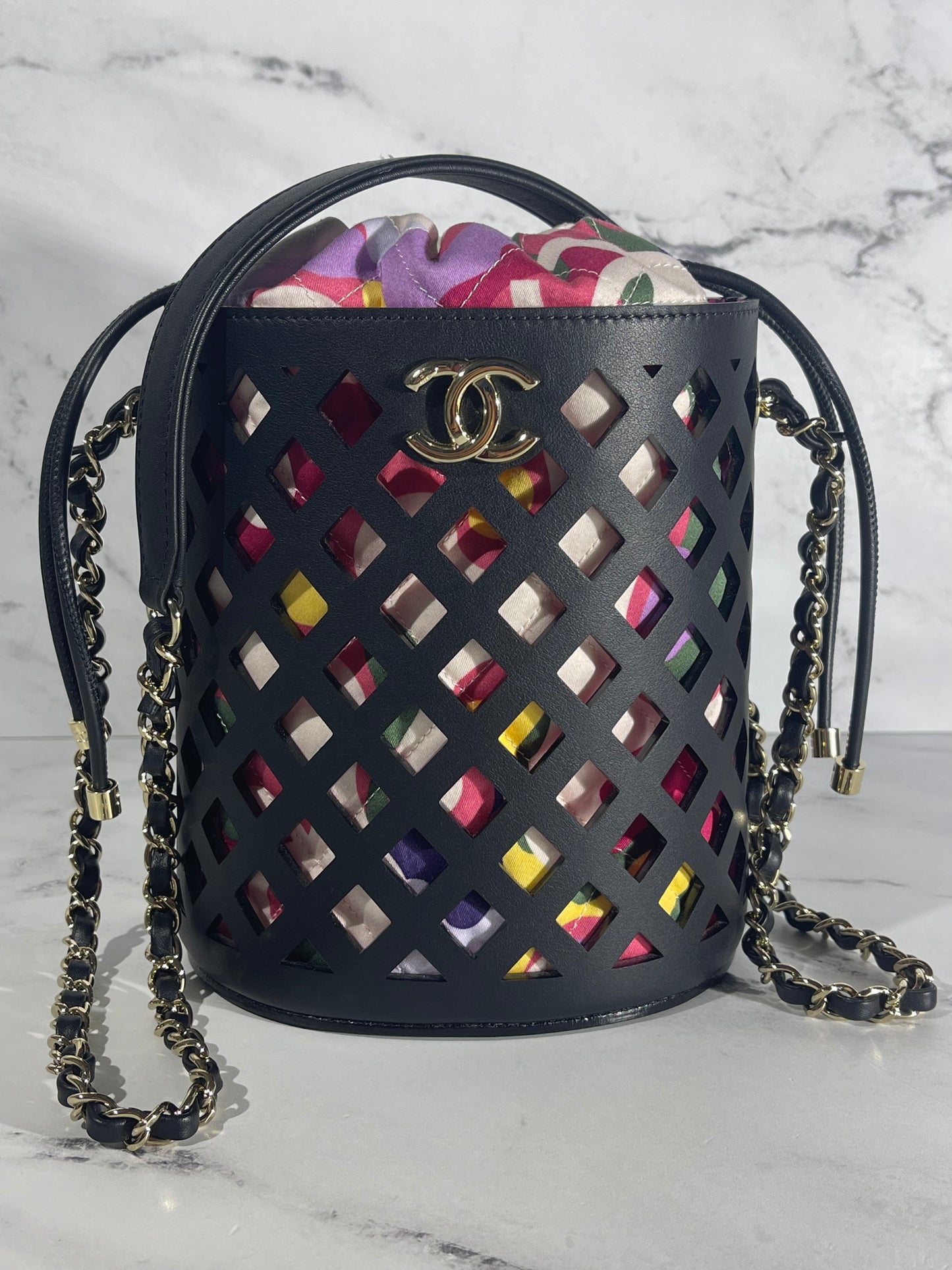 Chanel Black See Through Perforated Leather Bucket Bag w Quilted Drawstring Pouch & LGHW