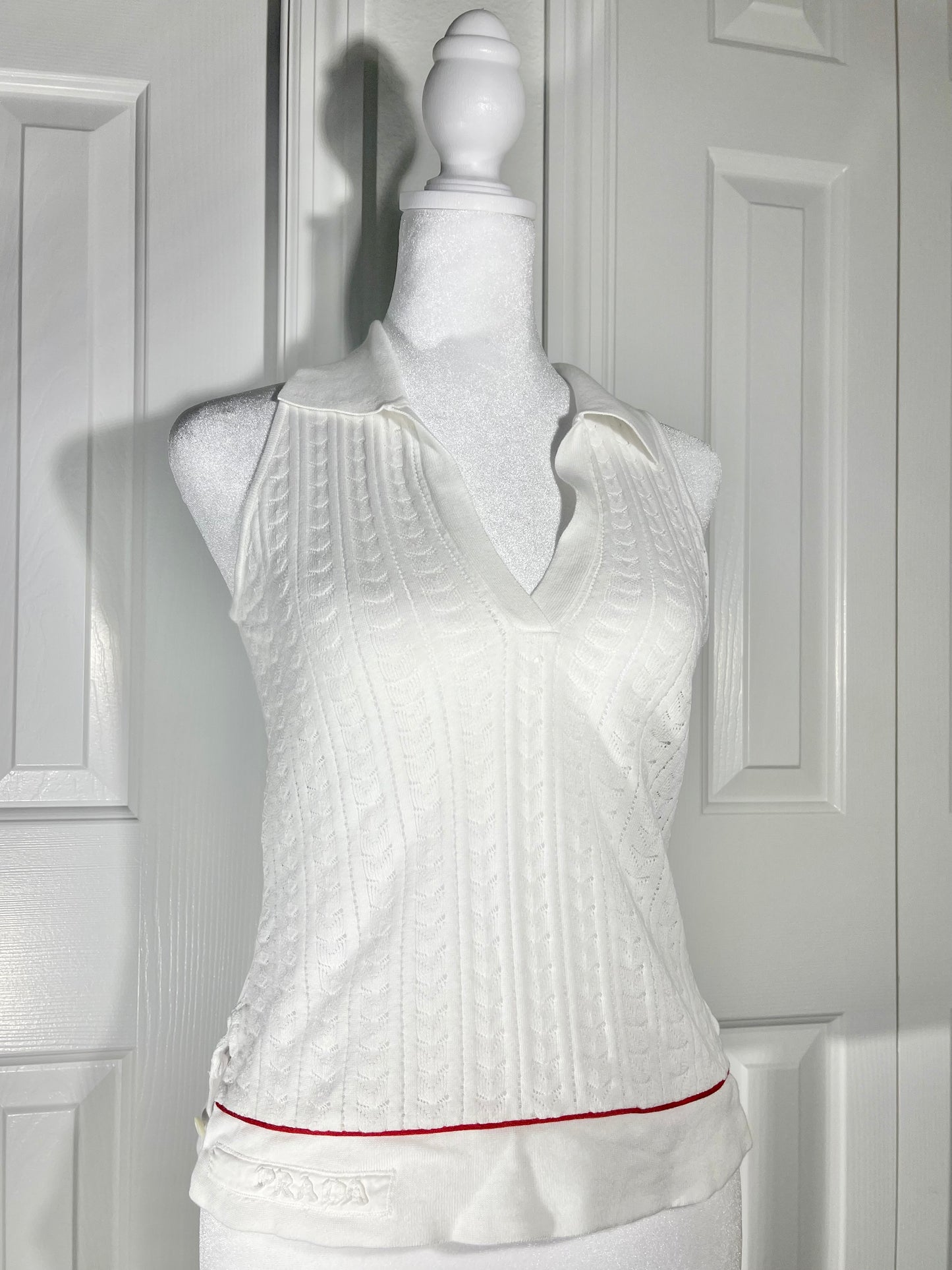 Prada Vintage White w Red Stripe Crochet Collared Tank Top - Size 38
